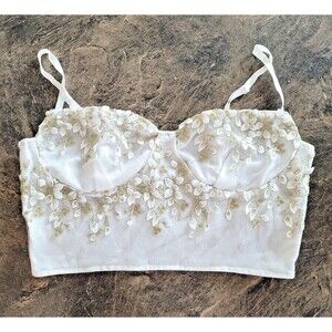 Shein White Gold Net Layover Floral Gold Bridal Sexy Side Zip Bralette US 8/10